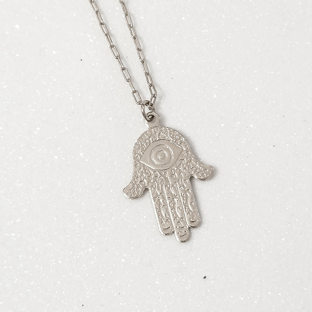 Corrente com Pingente Hamsa / Mão de Fátima 40cm Banho de Ródio