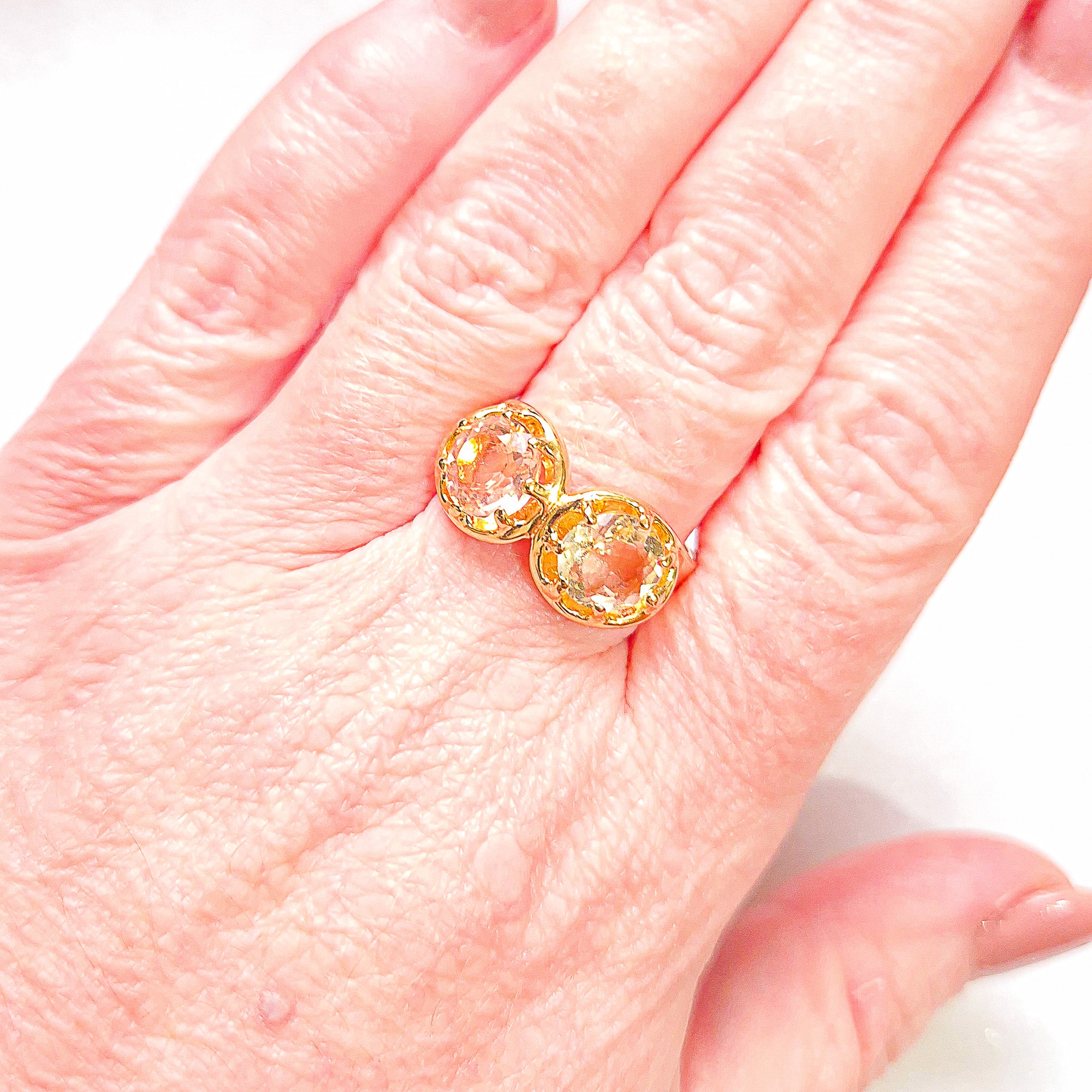 Anel Duo Quartzo Rosê e Transparente Banho de Ouro