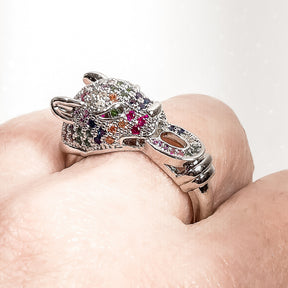 Anel Jaguar com Zircônias Coloridas Banho de Ródio