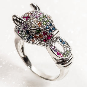 Anel Jaguar com Zircônias Coloridas Banho de Ródio