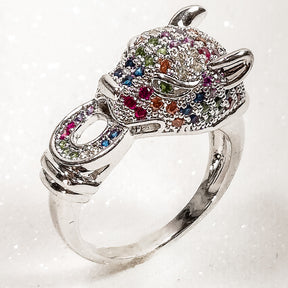Anel Jaguar com Zircônias Coloridas Banho de Ródio